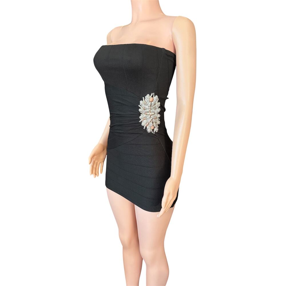 Sky Brand Y2K Black Strapless Bodycon Mini Dress with Crystal Tiger Cutout XS